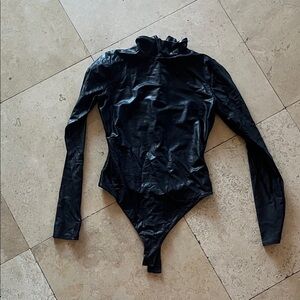 Naked Wardrobe Black Long Sleeve Bodysuit. Fake leather